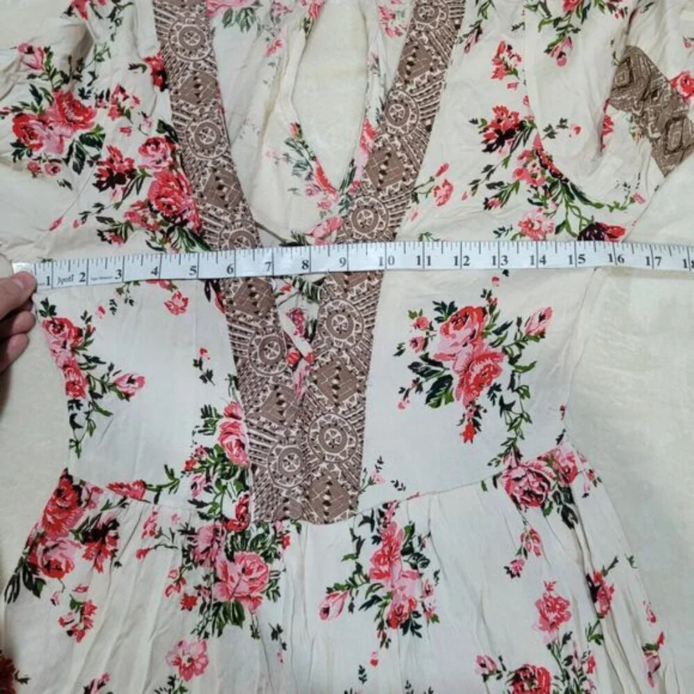 Angie Deep V-Neck Floral Cottagecore Boho Mini Dress - Size Small - Picture 7 of 9
